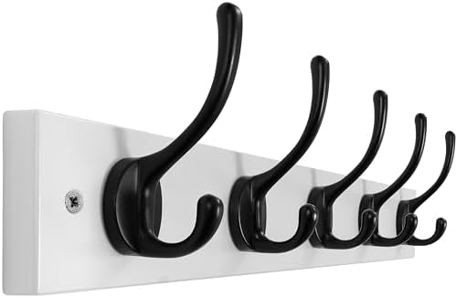 Dseap Wall Mounted Coat Rack: 16" Hole to Hole, Coat Hook Hanger with 5 Metal Hooks for Hanging Coats Towels Hats Clothes, White & Black by Dseap