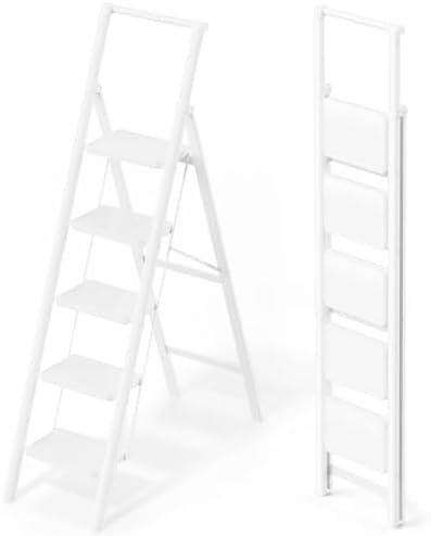 WOA WOA 5 Step Foldable Step Stool with Handrail, 330lbs Load, White by WOAWOAHOME