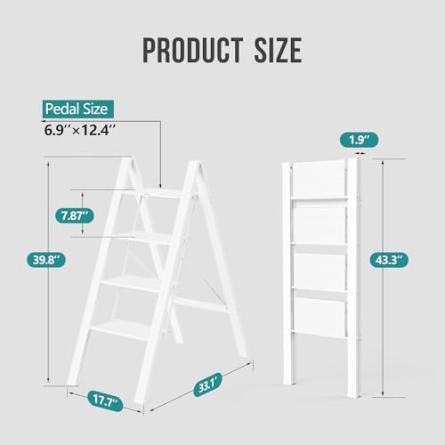 WOA WOA 4 Step Ladder, Foldable Step Stool, 300lbs Load, White - Image 6