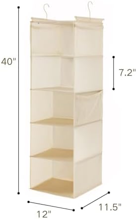 MAX Houser 5 Tier Hanging Closet Organizer with 4 Side Pockets, Beige - Image 3