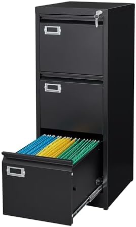 MIIIKO 3 Drawer File Cabinet, Black Metal Vertical Filing Cabinet with Lock, Home Office File Folders Storage Cabinet for Letter Legal A4 File Size by MIIIKOOfficeFurniture