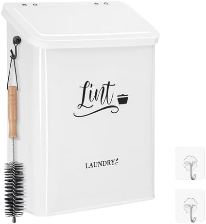 Magnetic Lint Bin for Laundry Room with Brush & Hook - Large Laundry Organizer and Storage, Wall Mounted Trash Can with Lid, Space-Saving Dryer Lint Holder Laundry Room Decor, White by CINPIUK