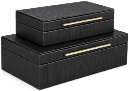 Black Decorative Storage Boxes with Lids, Faux Leather Keepsake by Unknown