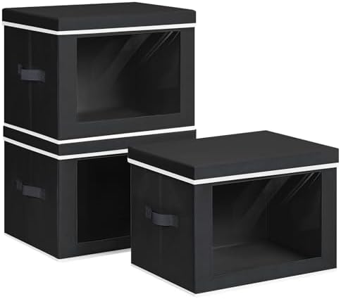 Homsorout Storage Bins with Lids, 3 Pack Large Storage Cubes with Window, Closet Bins with Lids & Handles, Fabric Box for Organizing Clothes, Towels, Books, Black by Homsorout