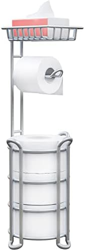 Toilet Paper Holder Stand with Shelf for Phone, Free Standing Tissue Roll Storage and Dispenser Rack for 4 Mega Rolls, Silver Gray by KeFanta