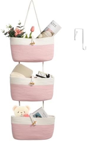 TeoKJ Over The Door Hanging Baskets with Button Strap, 3-Tier Woven Cotton Storage Organizer Bag, Wall-Mounted with Hook Decorative Hanging Nursery Baskets - Pink+White by TeoKJ