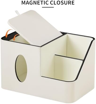 PU Leather Square Tissue Box Cover with Magnetic Closure, Tissue Holder with Storage Tray & Remote Control Organizer, for Nightstand, Living Room, Bathroom, Office Desk (White) - Image 5