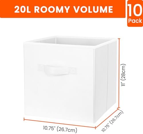 Criusia Storage Cubes, 11 Inch Cube Storage Bins for Shelves Closet Nursery Bedroom - 10 Pack Collapsible Baskets with Handles - Fabric Bins for Organizing Magazines Clothes Blanket Toys (White) - Image 2