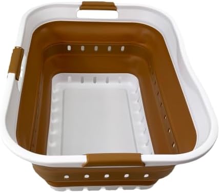 SAMMART 42L (11 gallon) Collapsible Plastic Laundry Basket - Foldable Pop Up Storage Container/Organizer - Space Saving Hamper/Basket (1, White/Honey Brown) by SAMMART