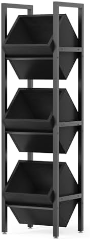 LITTLE TREE 3-Tier Basket Stand, Wooden Floor Stand Shelving Unit, Rustic Standing Organizer Storage Rack for Kitchen, Bathroom, Living Room (Black) by LITTLETREE