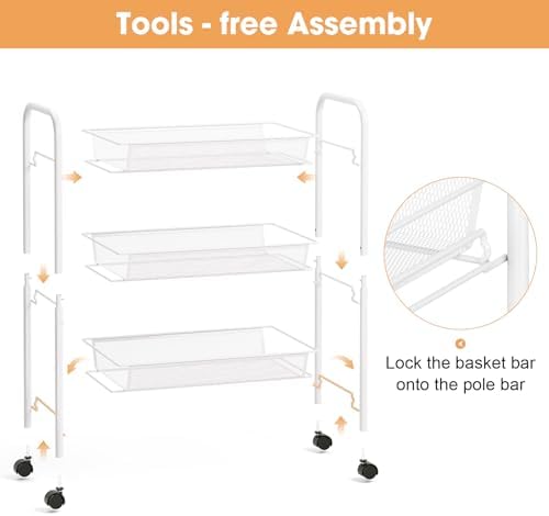 TOOLF 3 Tier Rolling Cart, Metal Utility Storage Cart with Wheels, White - Image 5