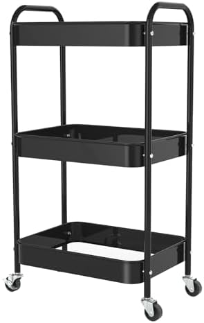 3-Tier Rolling Cart, Metal Utility Storage Carts with Wheels, Black - Image 7