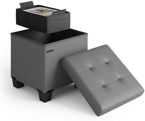Storage Ottoman Cube with Small Bin, 15-in Square Ottoman with Storage for Living Room and Bedroom, Small Ottomans Foot Rest, Faux Leather Foot Stools Ottomans Max 330lbs, Grey by STORAGEBUD