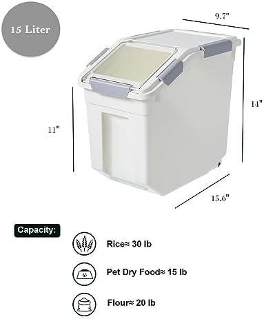 HANAMYA 15 Liter / 30 lbs Rice Storage Container with Measuring Cup, BPA free, For Rice | Grain | Pet Food | Flour, 1 count, White - Image 3