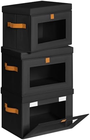 Homsorout Medium Fabric Storage Bins - Closet Shelf Organizer with Open Window, 3 Pack Closet Baskets for Shelves, Stackable Decorative Boxes for Home, Dorm, Black, 13.7" x 9.8” x 9.8" by Homsorout