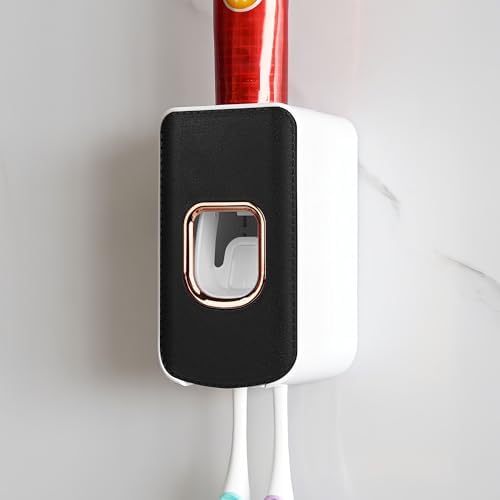 2 Slot Plastic Toothbrush Holder and Toothpaste Dispenser Wall Mounted, Automatic Toothpaste Squeezer, 2 in 1 Tooth Brush Toothpaste Organizer for Shower (Black) by LUEXBOX