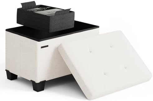 Storage Ottoman Cube with Small Bin, 16-in Square Ottoman with Storage for Living Room and Bedroom, Small Ottomans Foot Rest, Fabric Foot Stools Ottomans Max 330lbs, Cream by STORAGEBUD