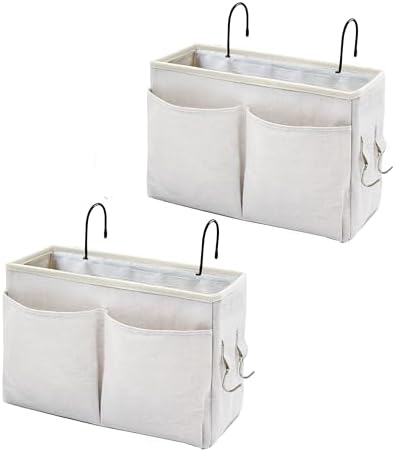 Bedside Caddy Organizer - Bedside Hanging Storage Bag with Hooks, Dorm Essentials Caddy for Bunk Bed & Dorm Bed Rails, Holds Books, Phones, Tablets, Glasses, Water Bottles & More (White 2 Pack) by Someteth