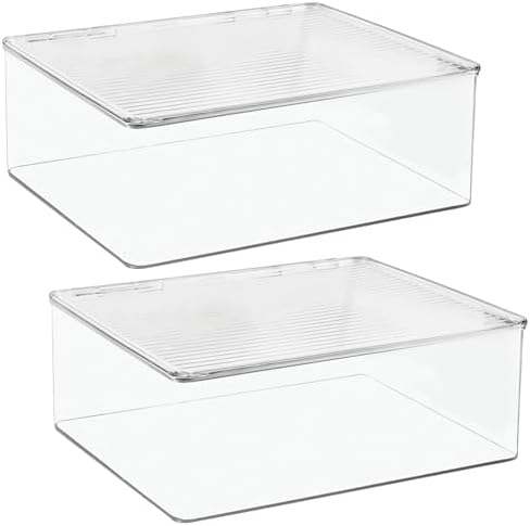 mDesign Plastic Stackable Rectangular Storage Bin, Drawer or Cabinet Organizer with Lid, Container Box for Organizing Electronics, Crayons, Puzzles, Games, Toys - Ligne Collection - 2 Pack - Clear by mDesign