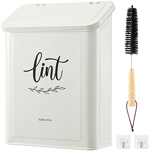 Perfnique Magnetic Lint Bin for Laundry Room with Lint Brush, Wall Mounted Lint Holder Trash can with lid for Dryer, Modern Farmhouse Rustic Metal Laundry Room Storage Organization and Decor(White) by PERFNIQUE