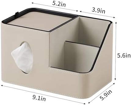 PU Leather Square Tissue Box Cover with Magnetic Closure, Tissue Holder with Storage Tray & Remote Control Organizer, for Nightstand, Living Room, Bathroom, Office Desk (Beige) - Image 4