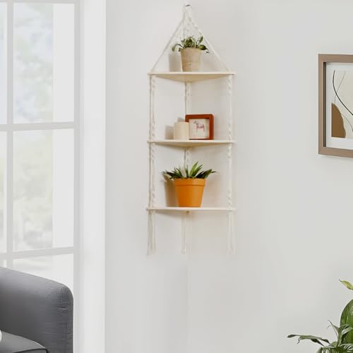 Artilady Corner Shelves Macrame Wall Hanging, 3 Tier Boho Storage - Image 3