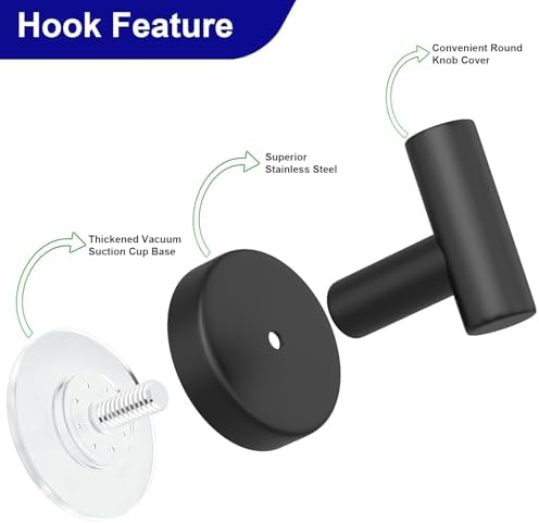 Suction Cup Hooks for Shower, Stainless Steel Towel Hooks for Bathroom Wall, Glass Door, Kitchen, Mirror, Tile, Shower Hooks for Hanging Towels, Robes, Bath Balls (2 Pack，Black) - Image 5