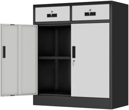 Wanfu Metal Storage Cabinet, 36" H Locking Storage Cabinet with 2 Drawers and Adjustable Shelf, Metal Cabinets for Office, Garage, Home-Black and Silver by Wanfu