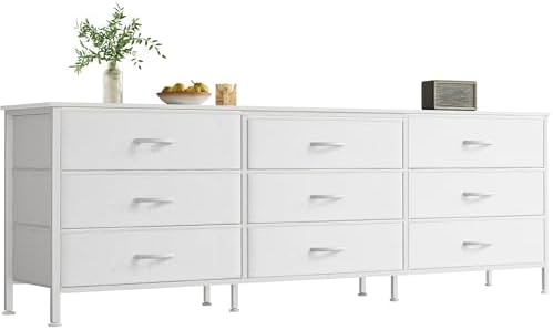 Huuger 63 Inch Dresser for Bedroom, Dresser for Closet with 9 Fabric Drawers, Large TV Stand for 55, 65, 70 Inch TV, Entertainment Center with Storage, Wide Long Chest of Drawers, White by Huuger