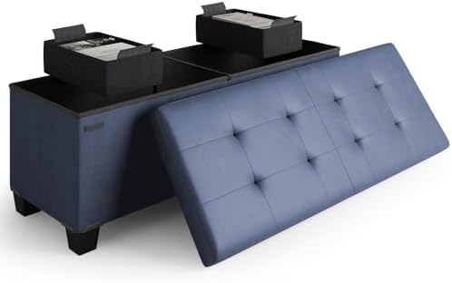 Storage Ottoman Bench with Bins, 43-in Storage Bench for Bedroom End of Bed, Folding Foot Rest Ottoman for Living Room Max 660lbs, Leather Ottomans, Blue by STORAGEBUD