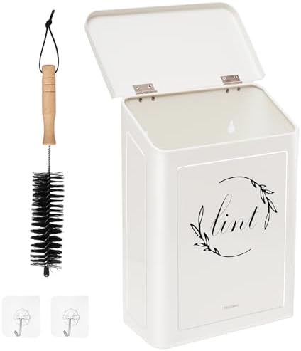 Magnetic Lint Bin for Laundry Room, Metal Lint Trash Can with Lid for Dryer, Wall Mounted Lint Holder Box with Lint Brush, Modern Farmhouse Laundry Room Decor, Cream by Holismo