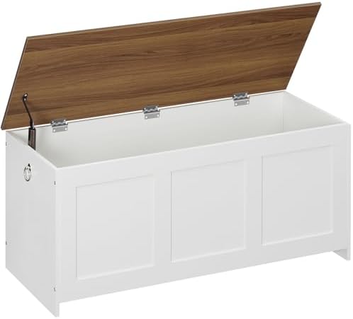 HOOBRO Storage Bench, 39.3" Retro Wooden Storage Chest, Wooden Storage Trunk, Toy Chest with Lift Top, Multifunctional Entryway Organizer, for Entryway, Living Room, White and Walnut WH141CW01G1 by HOOBRO