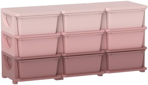 Qaba 9 Drawers Kids Storage Unit 3 Tier Toy Organizers Pink by Qaba