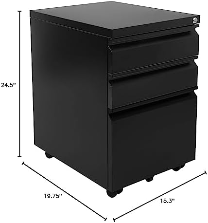 Mount-It! 3 Drawer File Cabinet with Lock and Wheels, Heavy-Duty Steel Rolling Drawer Cabinet, Fully Assembled Under Desk Filing Cabinet for Home Office Storage, 15.3" W x 19.75" D x 24.5" H, Black - Image 3