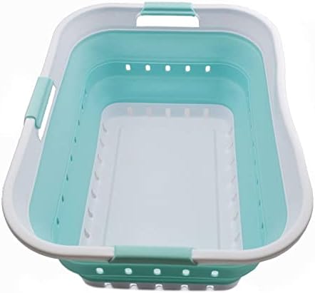 SAMMART 42L (11 gallon) Collapsible Plastic Laundry Basket - Foldable Pop Up Storage Container/Organizer - Space Saving Hamper/Basket (1, White/Lake Green) by SAMMART