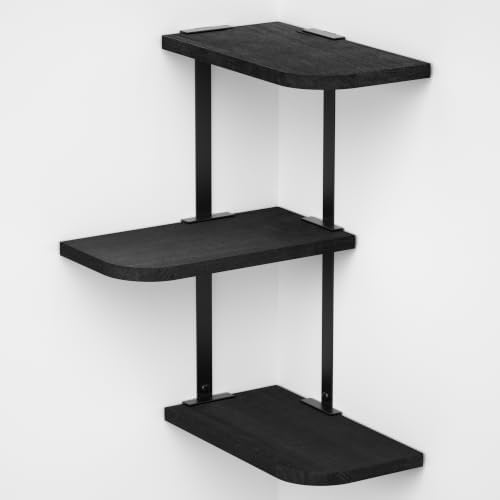 Love-KANKEI Corner Wall Shelf 3 Tier,Solid Wood with Bracket,17" Tall,Black by Love-KANKEI