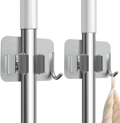 2P No Drill Self Adhesive Broom Mop Holder Wall Mount with Hooks Silver by nacena