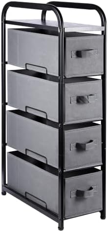 MAX Houser 4 Drawer Narrow Dresser Fabric Storage Tower Vertical Slim Storage Chest Organizer Nightstand Side/End Table Small Standing Organizer Removable Drawers Wood Top for Bedroom, Bathroom（Grey by MAXHouser