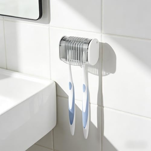 1 Pack Toothbrush Holder Wall Mounted with Cover for Bathroom, 2 Slots Toothbrush Storage Organizer for Shower, Self Adhesive Toothbrush Hanger (Grey) - Image 3