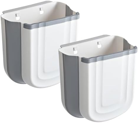 2 Pack Kitchen Hanging Trash Can, 2.4 Gallon / 9L Collapsible Waste Bin, Small Kitchen Compost Bin for Food Scraps, Wall Mounted Garbage Can for Bathroom, Car, RV（Grey） by Aimkeoulee