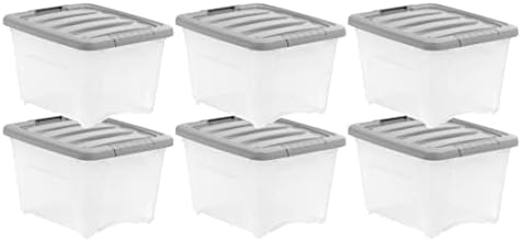 Amazon Basics Plastic Storage Containers with Secure Latching Lids, Stackable Organization Bins, Clear/Grey, 19 Quart, Set of 6 by AmazonBasics