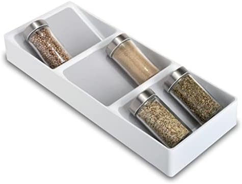 Smart Design 3 Section Plastic Spice Rack Drawer - Non-Slip Lining and Feet - BPA Free - Seasoning Jars, Makeup Storage, Countertop Bottle Tray, 3 Tier - Pantry Kitchen Organizer - White with Gray by PROMART