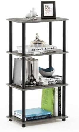 Furinno Turn-N-Tube No Tool 4-Tier Storage Shelf, Narrow, French Oak Grey/Black by Furinno-FitsYourSpaceFitsYourBudget