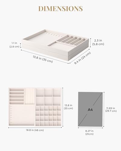 Lolalet Jewelry Drawer Organizer Inserts, Stackable Velvet Tray Jewelry Storage Organizers Set Display Cases for Necklaces Bracelets Earrings Rings Chains Bangles Watches, Beige, Set of 2 - Image 4