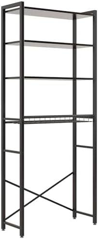 4-Tier Over-the-Toilet Storage Rack with One-Piece Wooden Shelves & Open Net Basket, Bathroom Organizer with Adjustable Feet & Anti-Tip Kit, Space-Saving Toilet Shelf, Black, 24.4" x 9.4" x 69.3" - Image 3