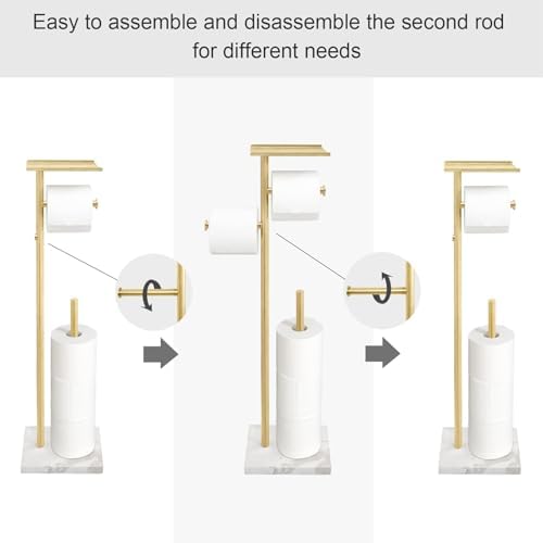 GZILA Brushed Gold Toilet Paper Stand Holder with Shelf, Marble Design Base Free Standing Toilet Paper Roll Holder with 2 Dispenser SUS 304 Stainless Steel Reserve, Storage 5 Rolls - Image 3