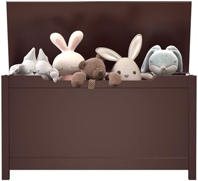 Kids Toy Box Chest, Large Wooden Storage Trunk Bench with Safety Hinged Lid for Ages 3+, Dark Brown - Image 7