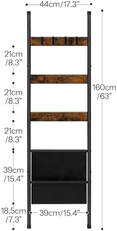 HOOBRO Blanket Ladder, 5 Tier Towel Rack, 17.3" L x 63" H, Wall-Leaning Blanket Rack for Living Room, Decorative Ladder with 4 Hooks and Magazine Pocket, Rustic Brown BF32CJ01 - Image 6