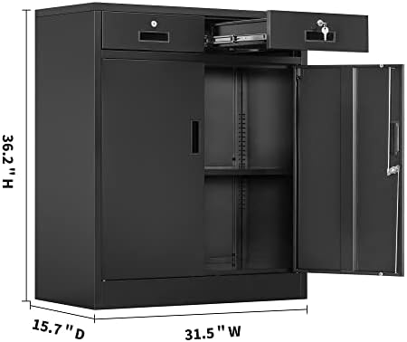 Wanfu Metal Storage Cabinet, 36" H Locking Storage Cabinet with 2 Drawers and Adjustable Shelf, Metal Cabinets for Office, Garage, Home-Black - Image 3