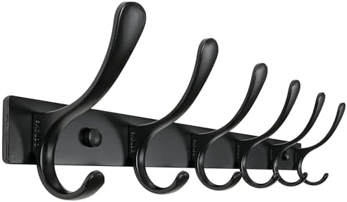 SKOLOO Coat Rack Wall Mounted - 6 Hooks, Heavy Duty, Stainless Steel, Metal Wall Hanger, Sturdy Coat Hooks for Hanging Coats, Jacket, Clothes, Hats - Black by SKOLOO